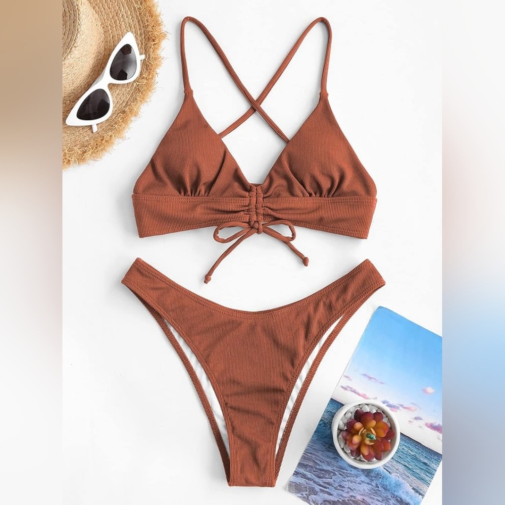 ZAFUL Brown Strappy V-Neck Ribbed High Cut Cheeky Triangle Bikini - Size Large